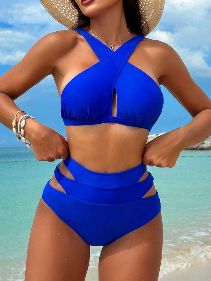 SHEIN Swim Women's Solid Color Royal Blue Cross Halter Separated Bikini Set, For Swimming,Summer Beach | SHEIN