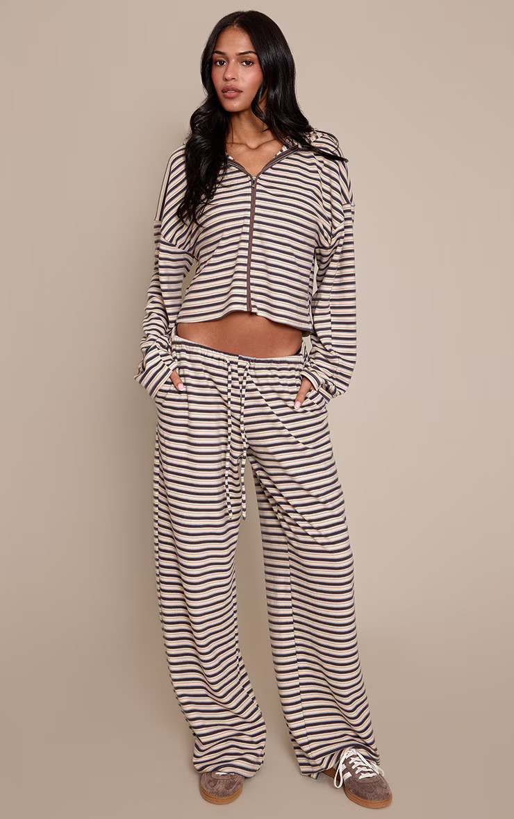 Tall Brown Striped Soft Fleece Straight Leg Joggers | PrettyLittleThing UK