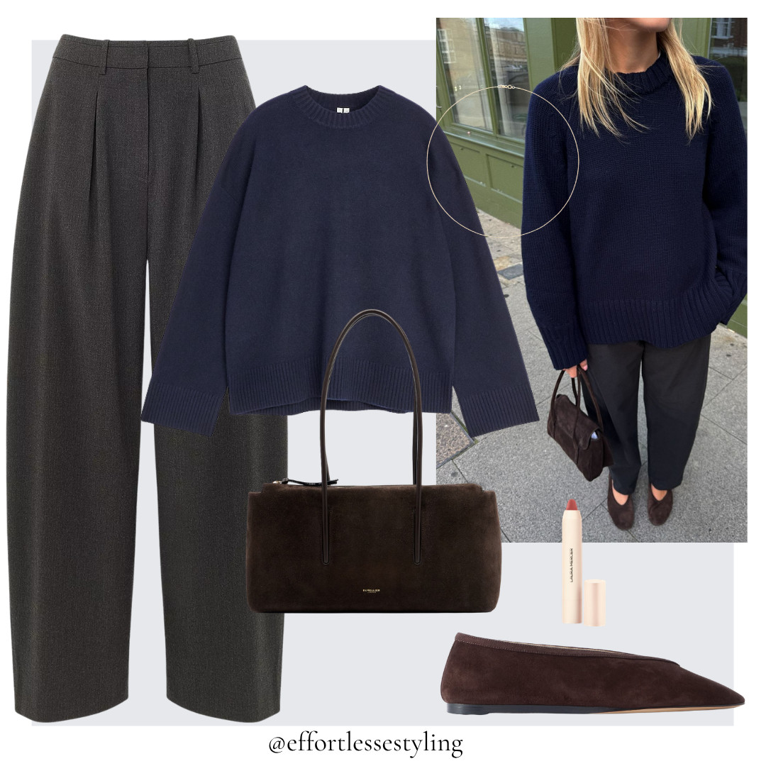 Smart casual Autumn outfit. 

Oversized navy cashmere jumper, charcoal grey barrel leg trousers, minimal gold chain necklace, rose nude lip crayon, dark brown ballet flats, dark brown suede shoulder bag.  

 #LTKuk #LTKautumn #LTKstyletip