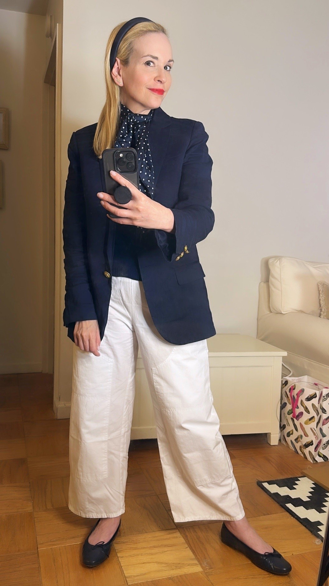 Dressing up casual drawstring pants for work. Wearing xs in the pants. Ballet flats tts. Xxs in the sweater so it’s very cropped. I’d normally take a xs or small.