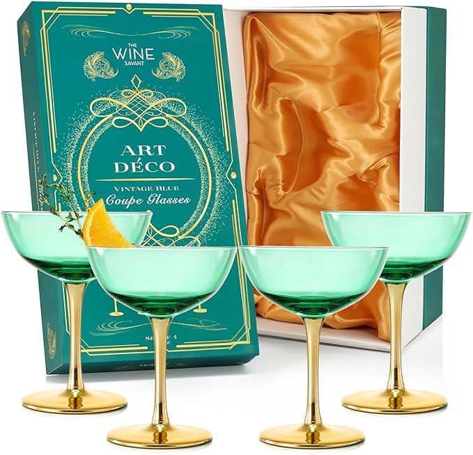 Colored Coupe Art Deco Glasses, Gold | Set of 4 | 8 oz Classic Cocktail Glassware for Champagne, ... | Amazon (US)