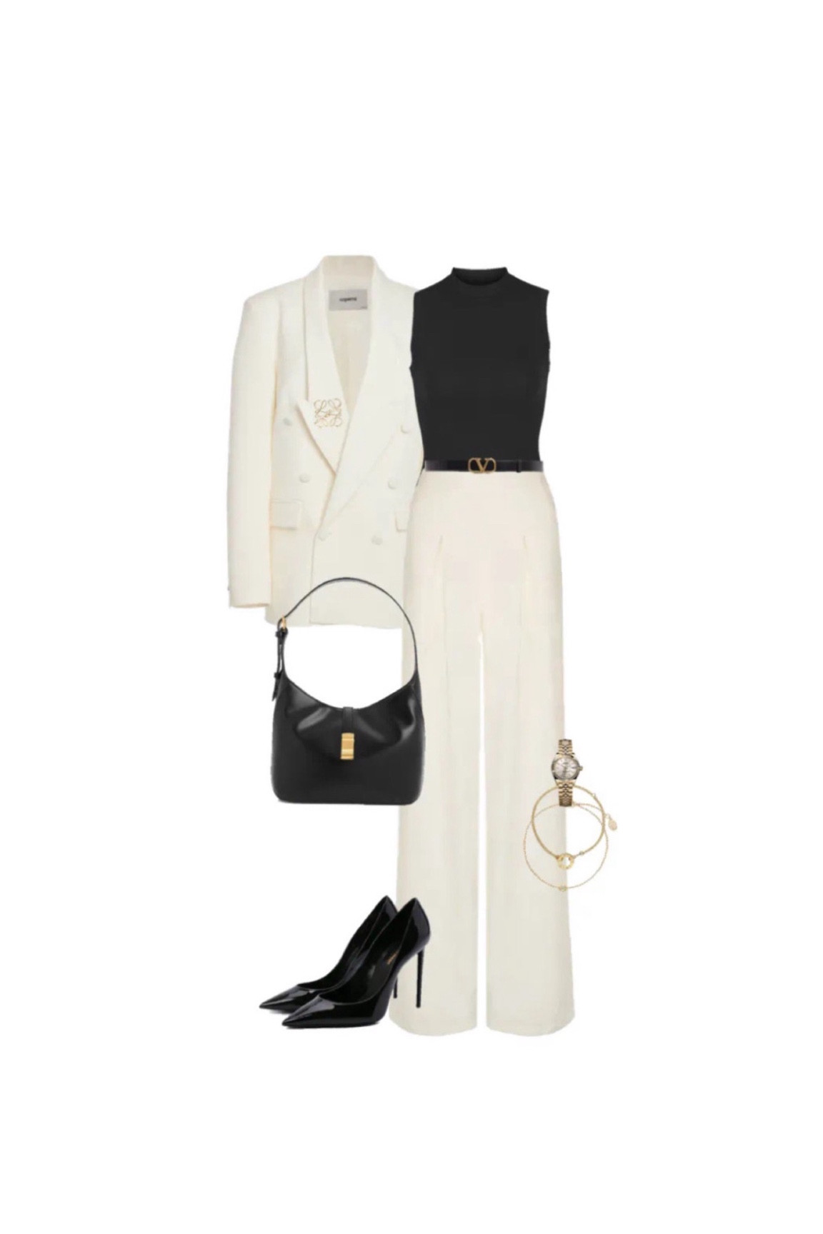 White blazer 
White trouser 
Charles and Keith bag 
Black patent heels 
Workwear 
Spring workwear 
Summer workwear 
Formal wear 
Black ribbed sleeveless top 