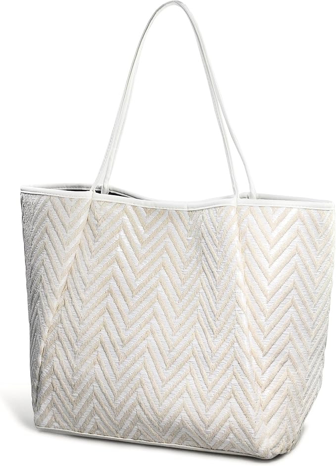 HOXIS Oversized Chevron Beach Tote with Vegan Leather Trim Women Shoulder Handbag | Amazon (US)