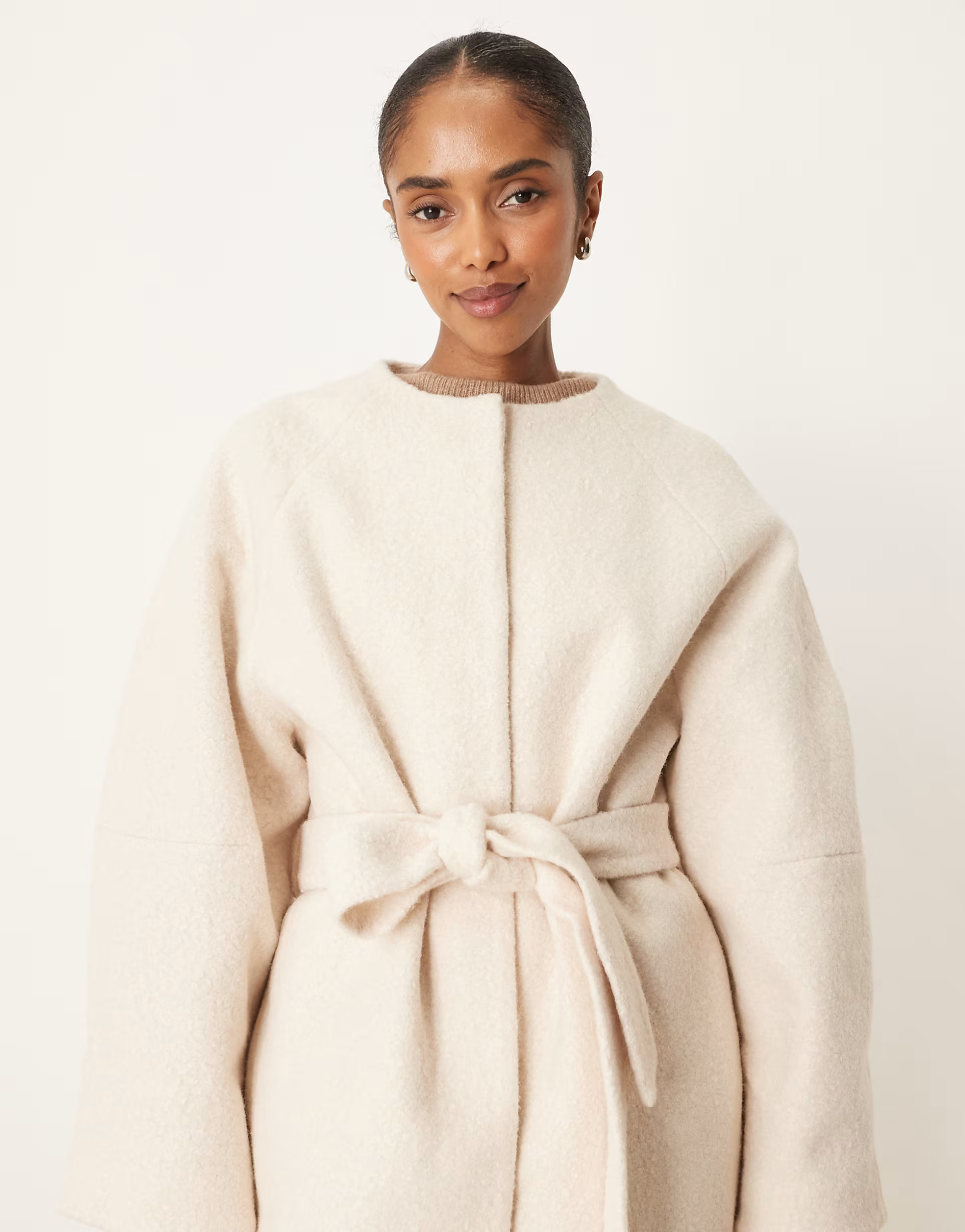 ASOS DESIGN collarless boucle longline formal coat in oatmeal | ASOS (Global)
