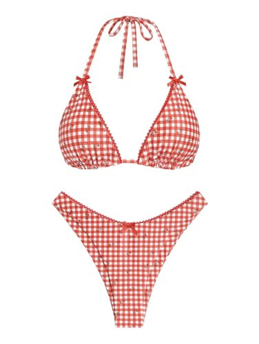 seamoly Red Gingham Cherry Print Contrast Lace Bowknot Halter Triangle Cheeky Bikini Set Red M | Amazon (US)
