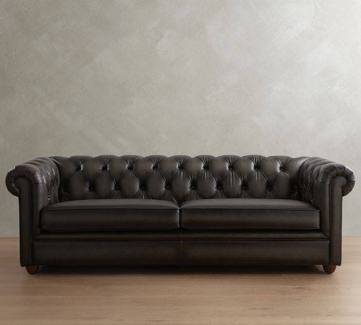 Chesterfield Roll Arm Leather Deep Seat Grand Sofa 96": with Bench Cushion, Polyester Wrapped Cushions, Burnished Saddle | Pottery Barn (US)