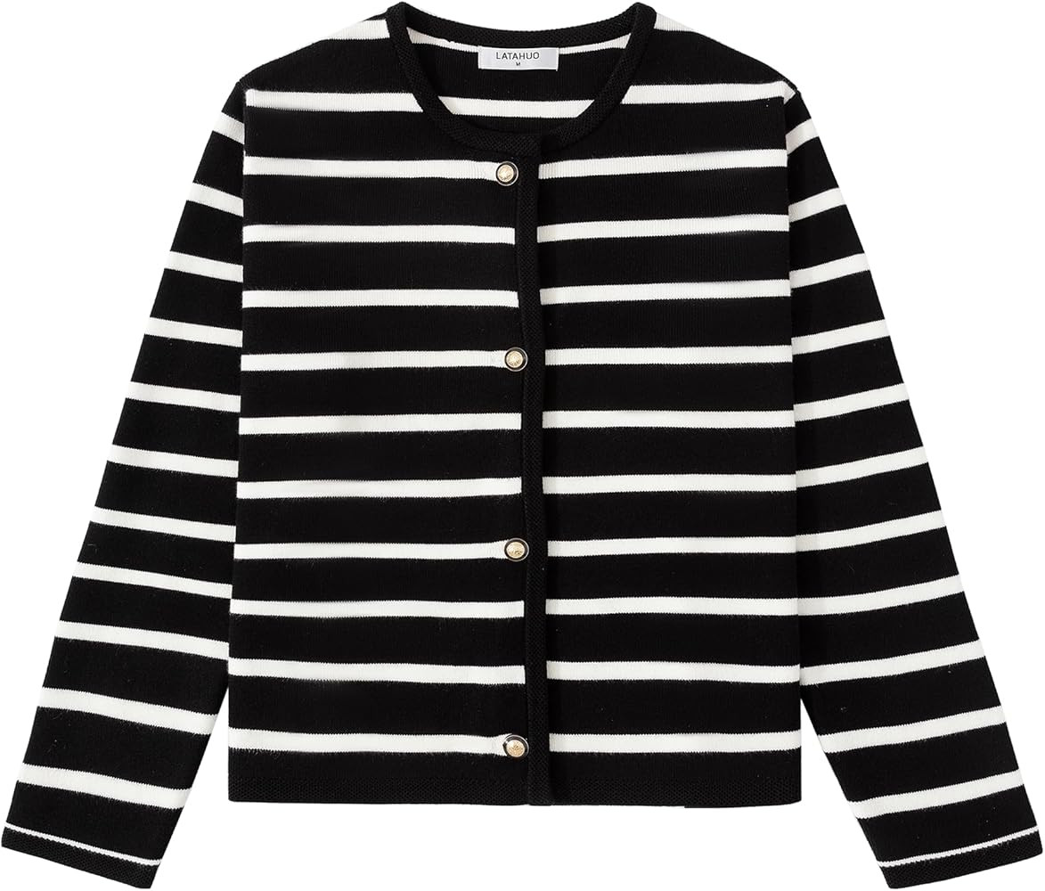 Women's Striped Cardigan Sweater Trendy Long Sleeve Button Down Crewneck Knit Cardigans | Amazon (US)