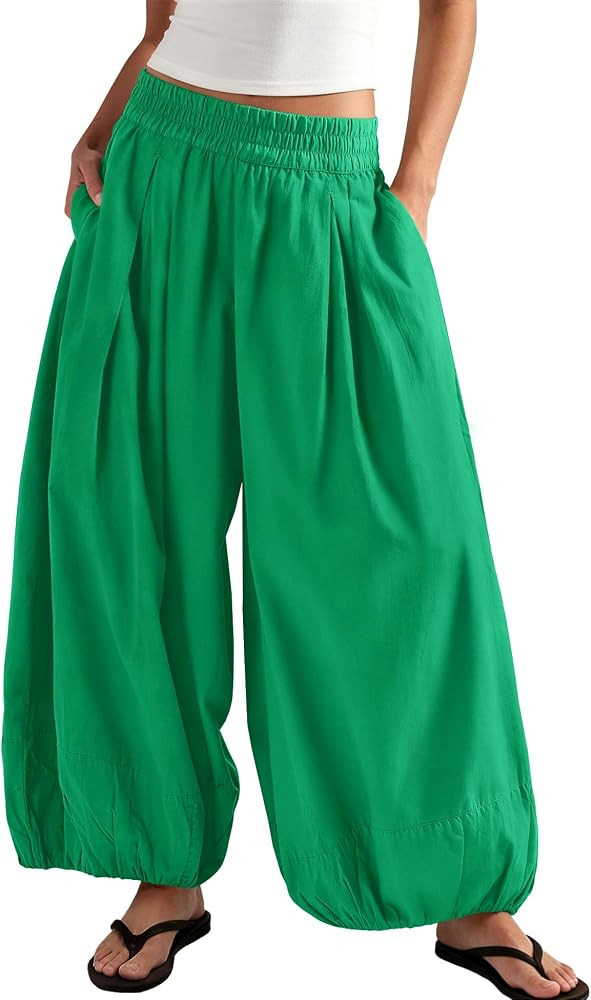 ReachMe Womens Elastic High Waist Wide Leg Barrel Pants Flowy Baggy Balloon Trousers Summer Beach... | Amazon (US)