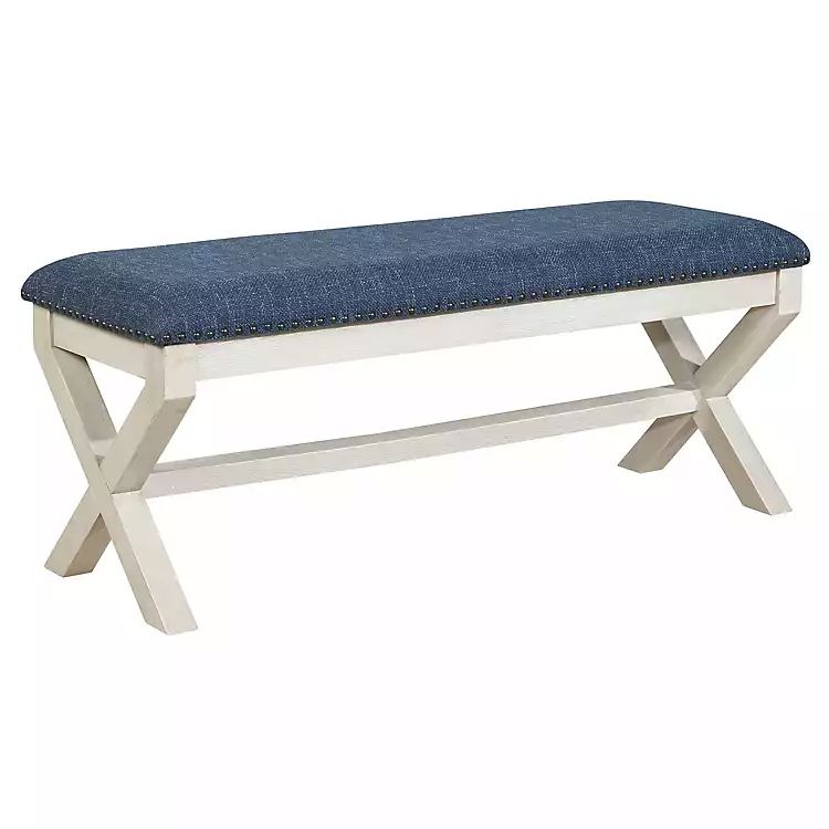 White and Navy Upholstered Wood Bench | Kirkland's Home
