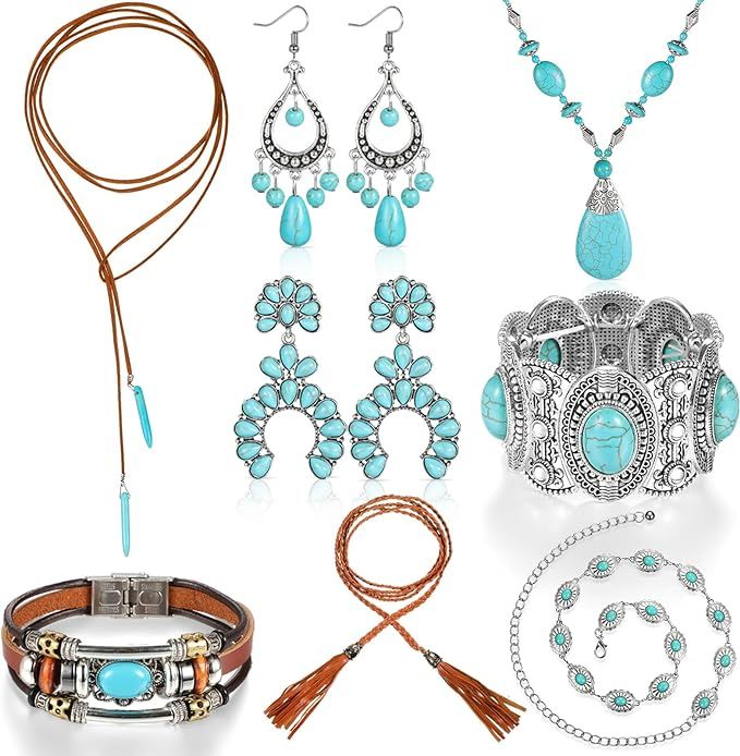 Inbagi 8 Pcs Turquoise Jewelry Set for Women Western Jewelry Turquoise Chain Belt Boho Necklace L... | Amazon (US)
