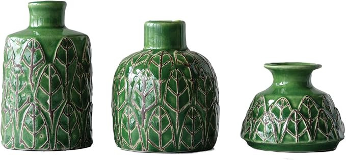 Creative Co-Op Green Embossed Stoneware Vases (Set of 3 Sizes) | Amazon (US)