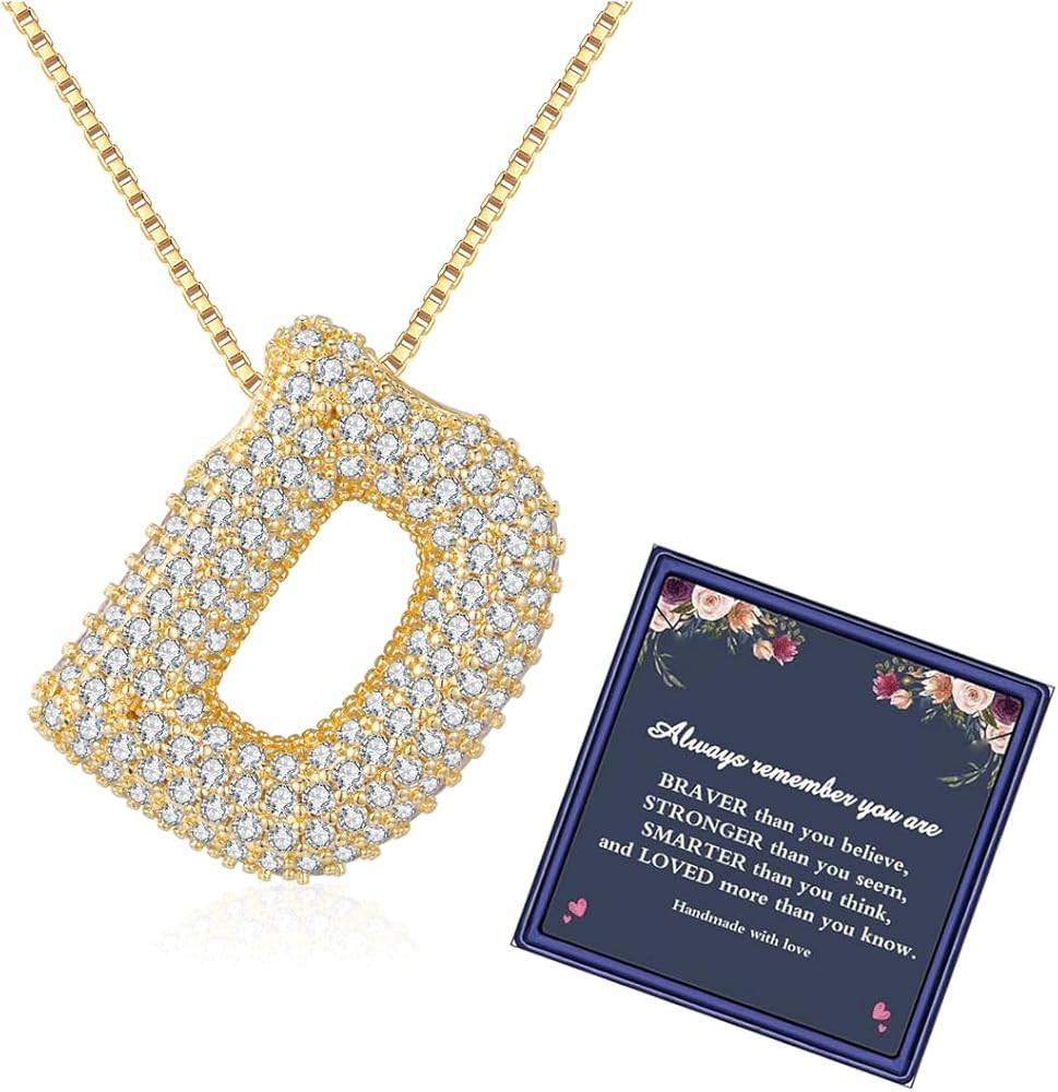 Bubble Letter Necklace Gold for Women，Charm Balloon Initial Letter Pendant Zirconia Inlaid Neck... | Amazon (US)