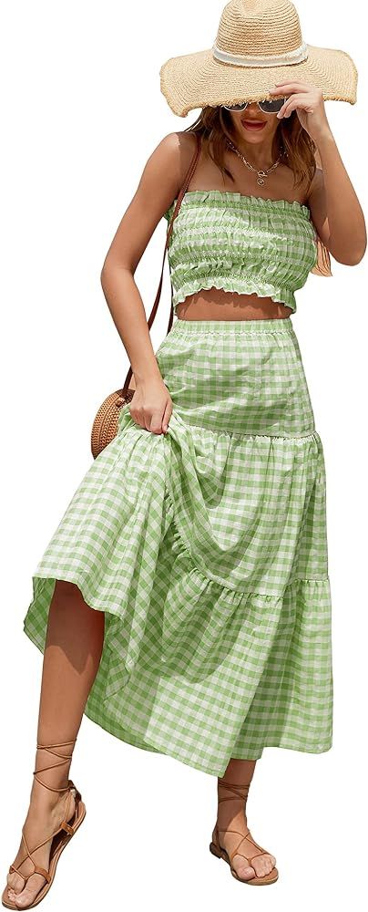 Cantonwalker Women's Plaid Strapless Tube Crop Top Maxi Skirt Set 2 Piece Outfit Dress 0241 | Amazon (US)