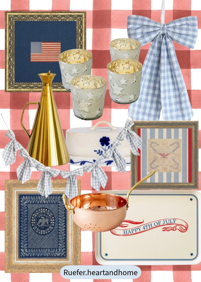 Americana decor, Fourth of July decor, framed flag, America, 4th of July, gingham bow, bow garland, copper kitchen, copper strainer, copper colander,  brass oil dispenser, brass kitchen, votive holders, Stars and Stripes

#LTKSeasonal #LTKHome #LTKSaleAlert
