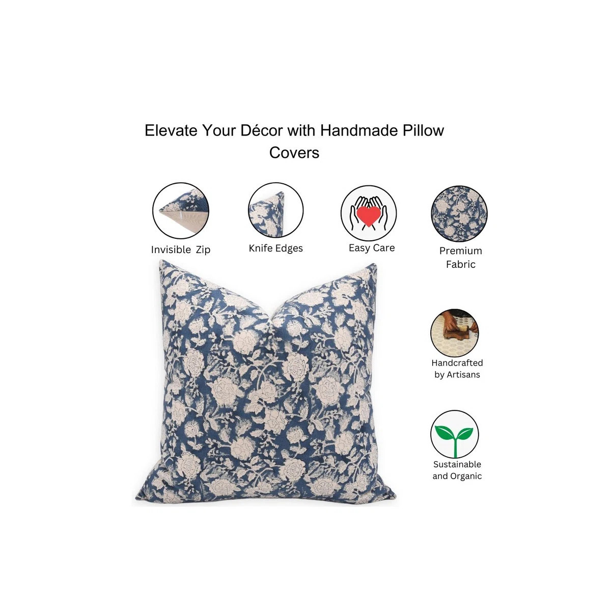 Natural Linen Blue  Pillow Cover Block Print Boho Throw Cushion for Modern Homes Size- 24X24 | Wayfair North America
