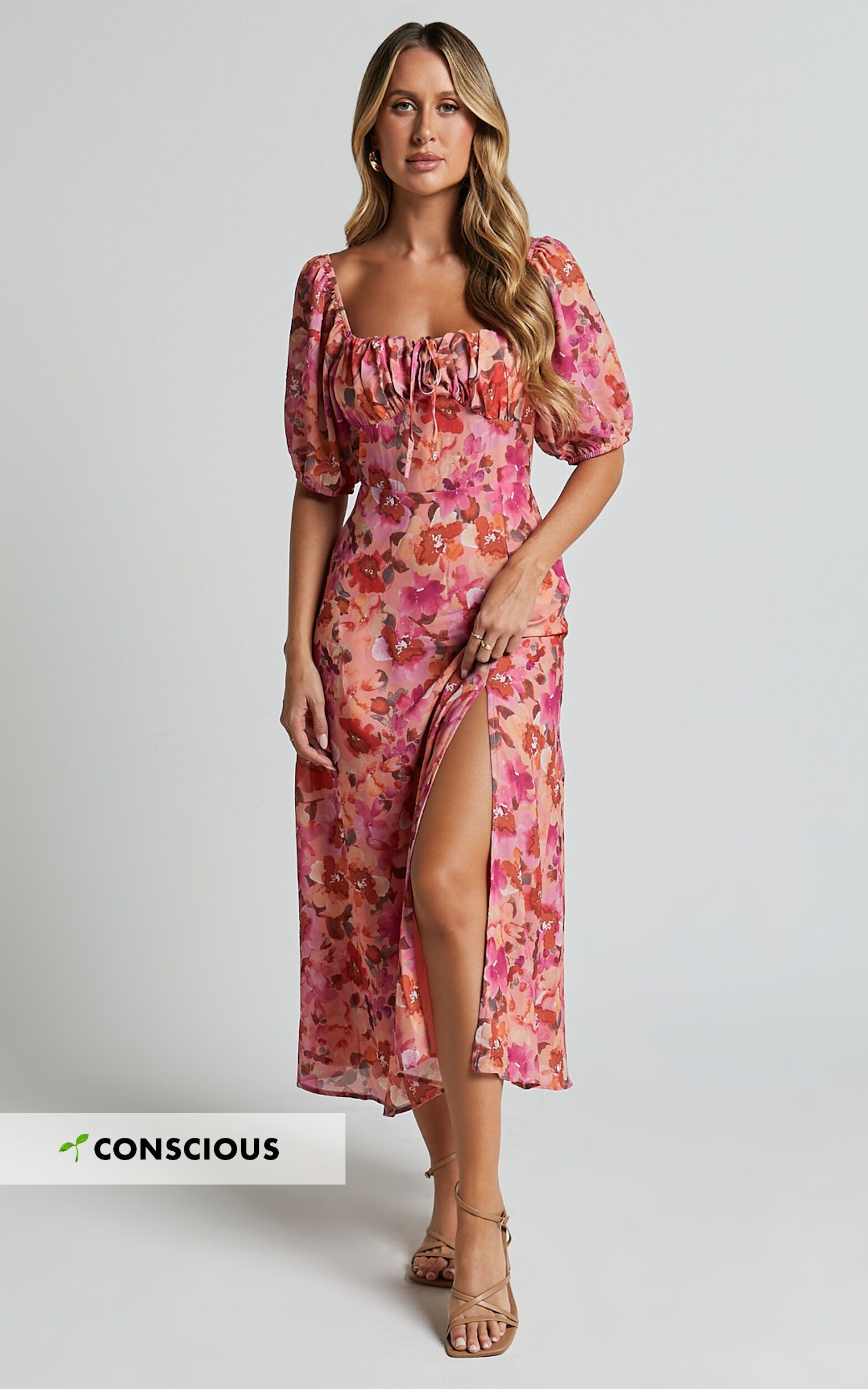 Austen Midi Dress - Short Puff Sleeve Thigh Split Dress in Apricot Blossom | Showpo (US, UK & Europe)