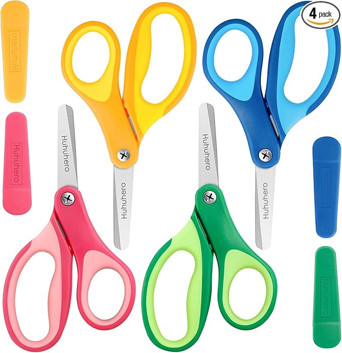 Huhuhero Kids Scissors, 5'' Safety Toddler Scissor Blunt Tip with Cover, Small Craft Cutting Pape... | Amazon (US)