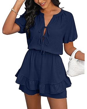 Angashion Womens Summer Shorts Romper: Self Tie V Neck Layer Ruffle Hem Romper Dress with Pockets | Amazon (US)