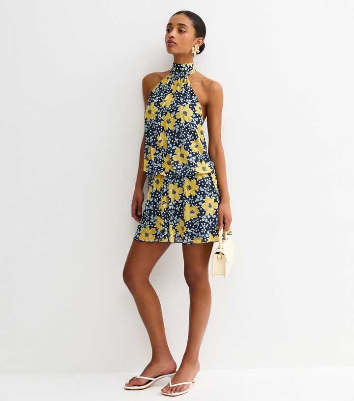Blue Floral Mesh Halter Neck Mini Dress | New Look | New Look (UK)