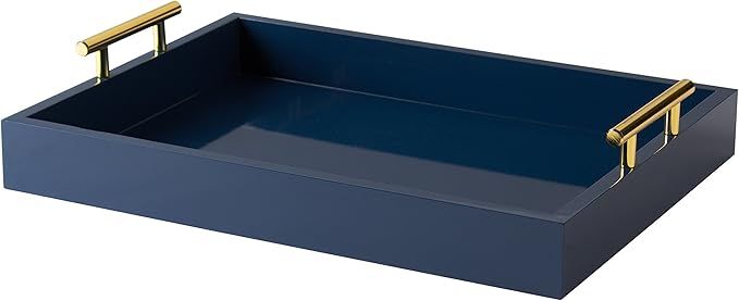 Kate and Laurel Lipton Decorative Tray with Polished Metal Handles, Navy Blue and Gold | Amazon (US)