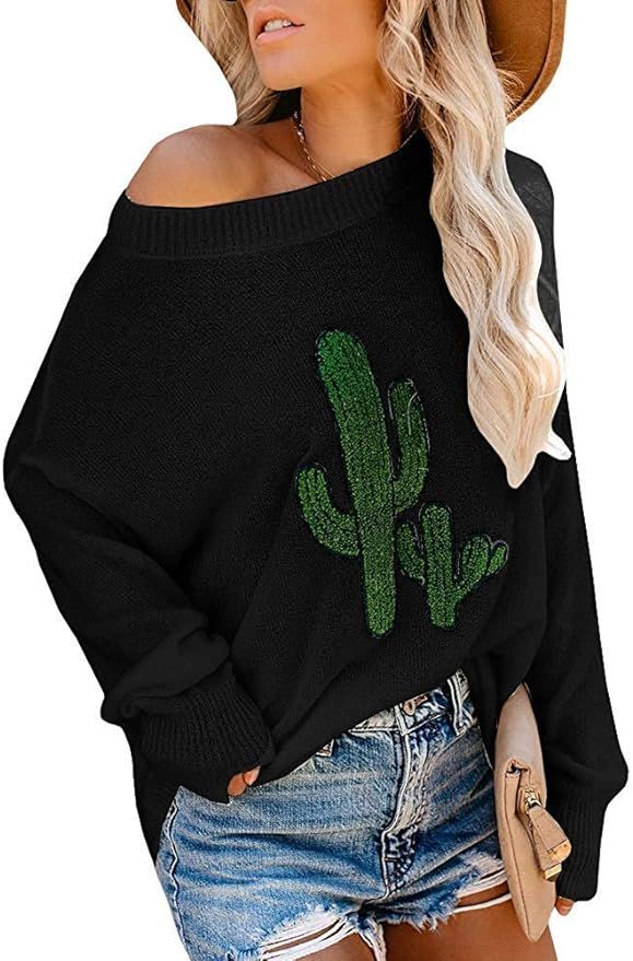 Women Knit Sweatshirt Tops Loose Pullover Off Shoulder Batwing Sleeve Cactus Graphic Tunic Long S... | Amazon (US)