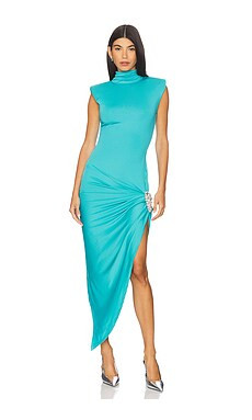 AREA Crystal Cluster Draped Midi Dress in Teal from Revolve.com | Revolve Clothing (Global)