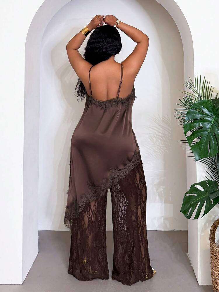 Veslaya Plus Size Women's Brown Autumn Classy Date Night 2-Piece Set,Spaghetti Strap Lace Asymmet... | SHEIN