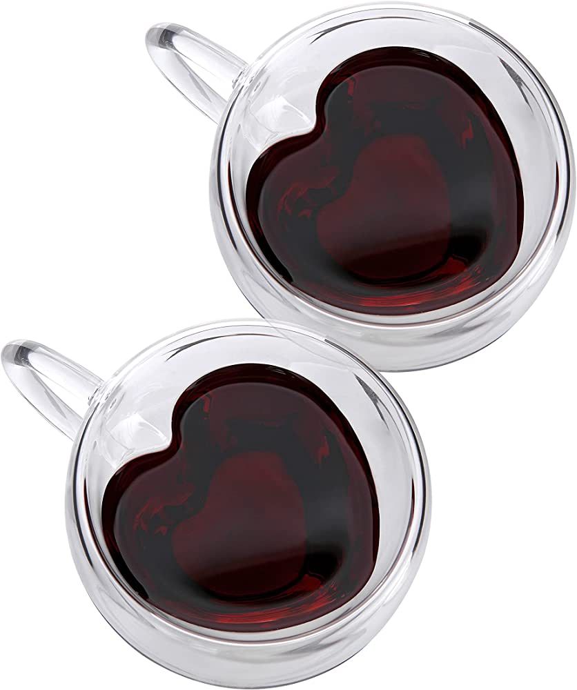 CNGLASS Double Wall Heart Shaped Glass Coffee Mugs 5oz(Set of 2),Insulated Clear Tea Cups with Ha... | Amazon (US)
