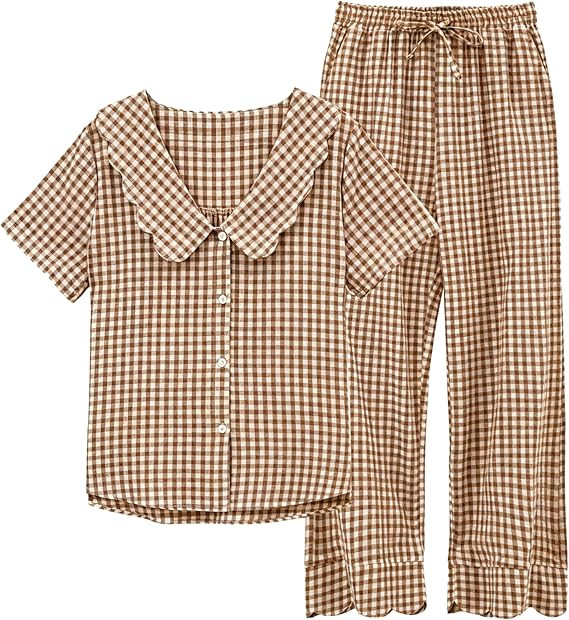 Tanming Womens Gingham 2 Piece Pajamas Sets Puff Sleeve Babydoll Shirt Ruffle Pants Pj Lounge Set... | Amazon (US)