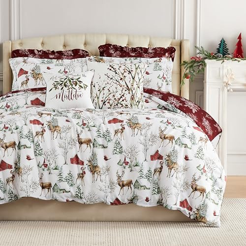 Southshore Fine Living, Inc. 7-Piece Christmas Comforter Set Queen Size/Full Size with Throw Pillows & Shams, Reversible Christmas Bedding Set 2-Sided, Queen/Full Size, Farmhouse White Christmas | Amazon (US)