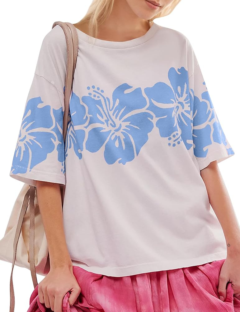 Anoumcy Cotton Oversized Hibiscus Tee Shirts for Women Floral Graphic Hawaiian T Shirts Casual Su... | Amazon (US)