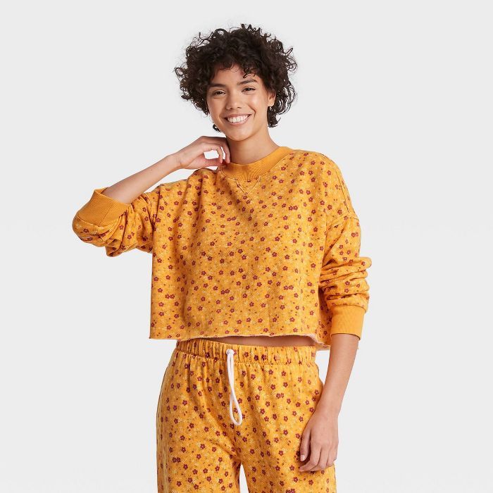 Women's Floral Fleece Lounge Cropped Sweatshirt - Colsie™ Yellow | Target