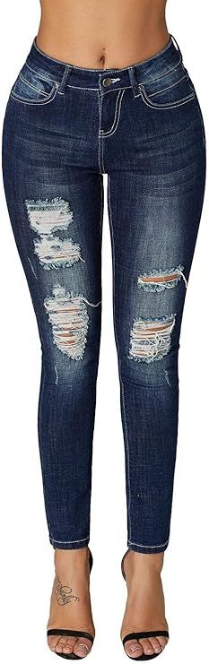 roswear Women's Essentials Ripped Mid Rise Destroyed Skinny Jeans | Amazon (US)