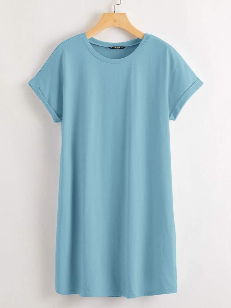 Rolled Cuff Solid Tee Dress | SHEIN