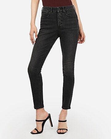 High Waisted Denim Perfect Curves Lift Black Button Fly Ankle Leggings | Express