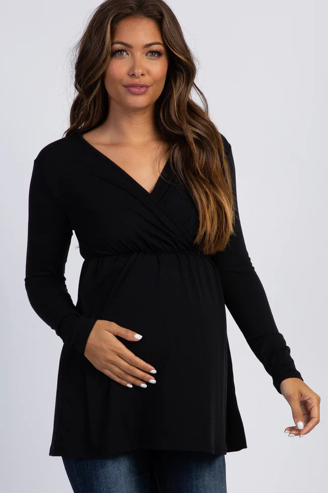 PinkBlush Black Long Sleeve Wrap Front Maternity Nursing Top | PinkBlush Maternity