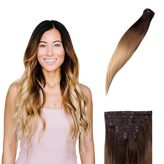 BFB Hair Clip-in Hair Extensions for Women, Real Human Hair Extensions, Honey Dipped Ombre Brunet... | Amazon (US)