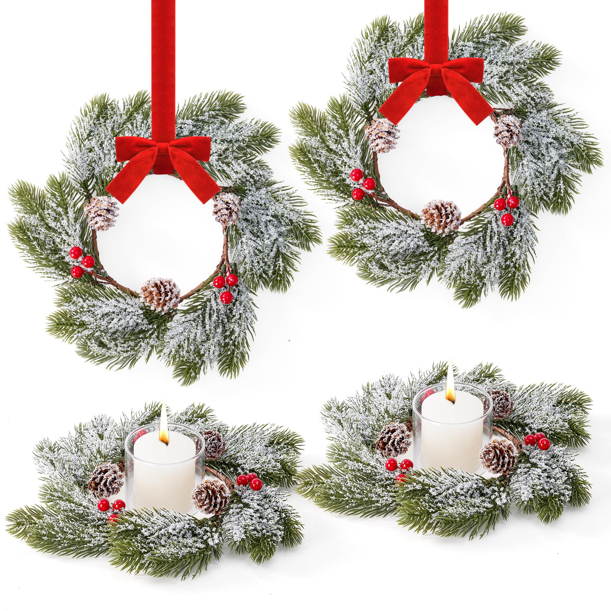 4 Pcs Small Mini Christmas Wreaths for Kitchen Cabinets, Frosted Cedar Christmas Candle Rings Wre... | Amazon (US)