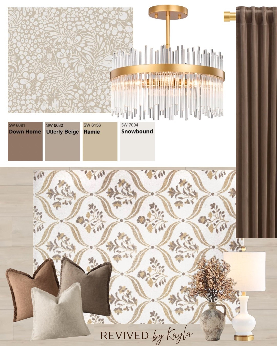 Neutral brown, beige, and tan room design with paint color palette from Sherwin Williams 🤎 I can see this as a beautiful living room, bedroom, dining room, or even an office!

#homedesign #homedecor #homeinspo #inspiration #livingroomdecor #livingroomdesign #bedroomdesign #bedroomdecor #neutral #home #neutraldecor #neutralhome #moderndecor #neutralmodern #beige #throwpillows #gold #wallpaper #rug #curtains 

#LTKFindsUnder50 #LTKFindsUnder100 #LTKHome