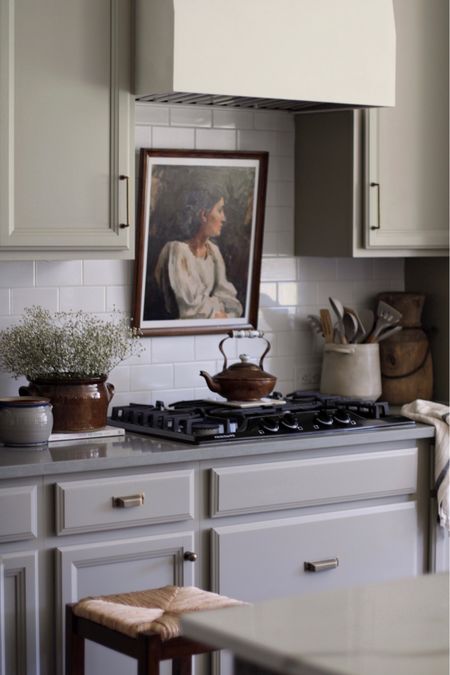 Vintage portrait kitchen, cozy kitchen, vintage modern kitchen, greige cabinets, sherwin williams ethereal mood, kitchen styling 

#LTKhome #LTKunder100 #LTKstyletip