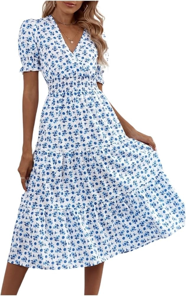 TINMIIR Dresses for Women Short Sleeve Summer 2022 Floral Print V neck Puff Sleeve Ruffle Hem Shi... | Amazon (US)