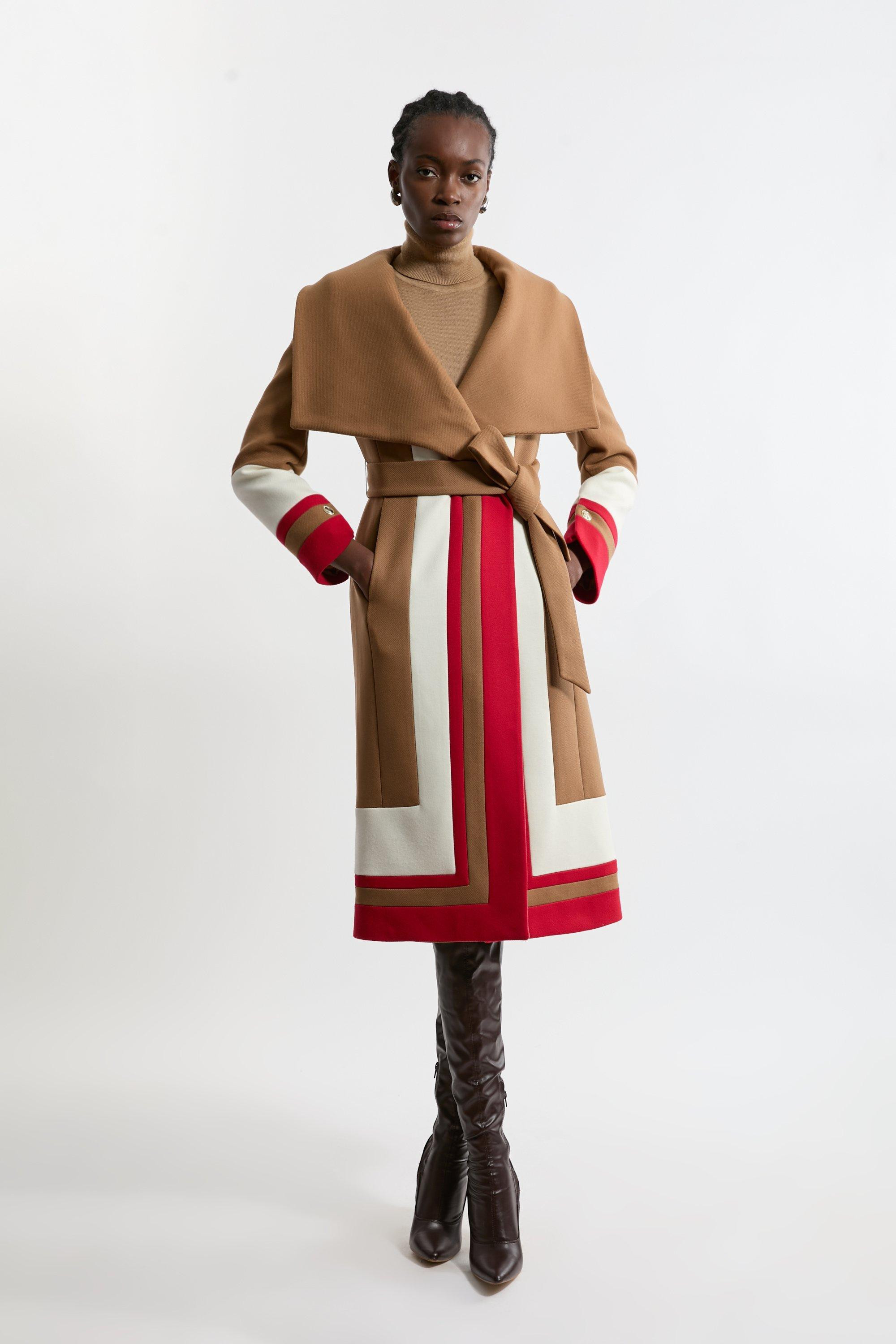 Premium Italian Manteco Wool Color Block Border Detail Tailored Wrap Midi Coat | Karen Millen US