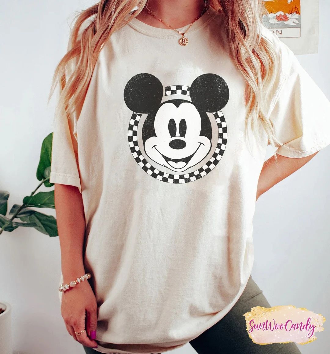 Mickey Checkerboard Circle Shirt, Disney Comfort Colors Shirt, Mickey Face Shirt, 90s Mickey Shir... | Etsy (US)