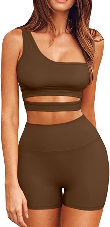 QINSEN 2 Piece Workout Outfits for Women One Shoulder Coutout Sport Bra High Waist Yoga Shorts Se... | Amazon (US)