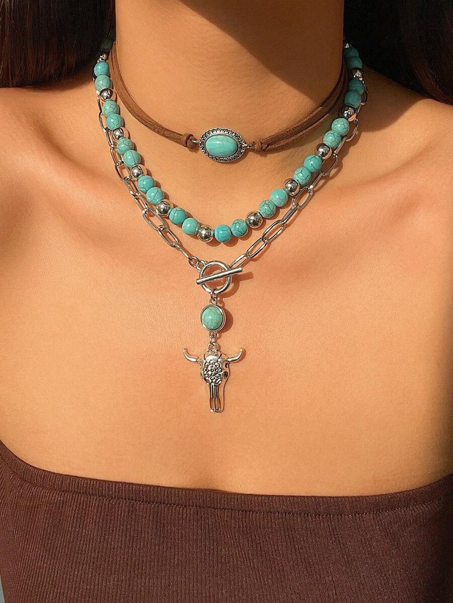 3pcs/Set Vintage Western Cowboy & Bohemian Style Alloy Cactus And Bull Head Pendant Multi-Layer N... | SHEIN