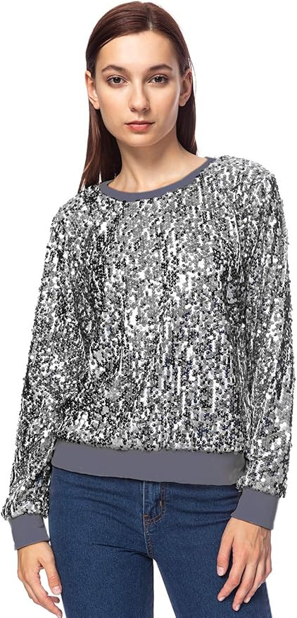 Women Sequin Crewneck Sweatshirt Long Sleeve Casual Glitter Sparkly Pullover Top | Amazon (US)