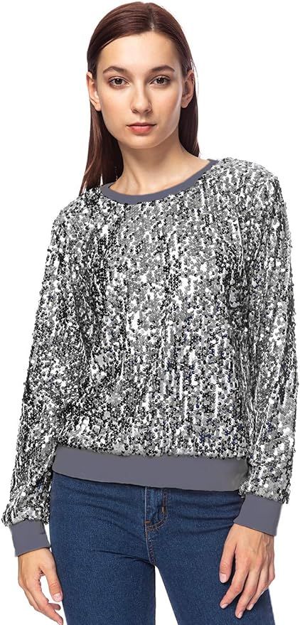 Women Sequin Crewneck Sweatshirt Long Sleeve Casual Glitter Sparkly Pullover Top | Amazon (US)