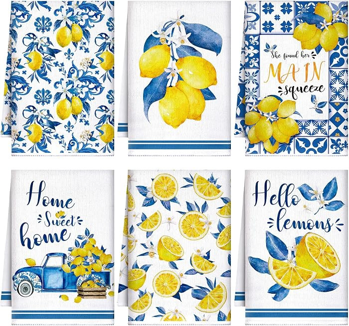 6 Pcs Summer Lemon Kitchen Towels 24 x 16 Inch Italian Capri Tiles Lemon Iris Dish Towels Absorbe... | Amazon (US)