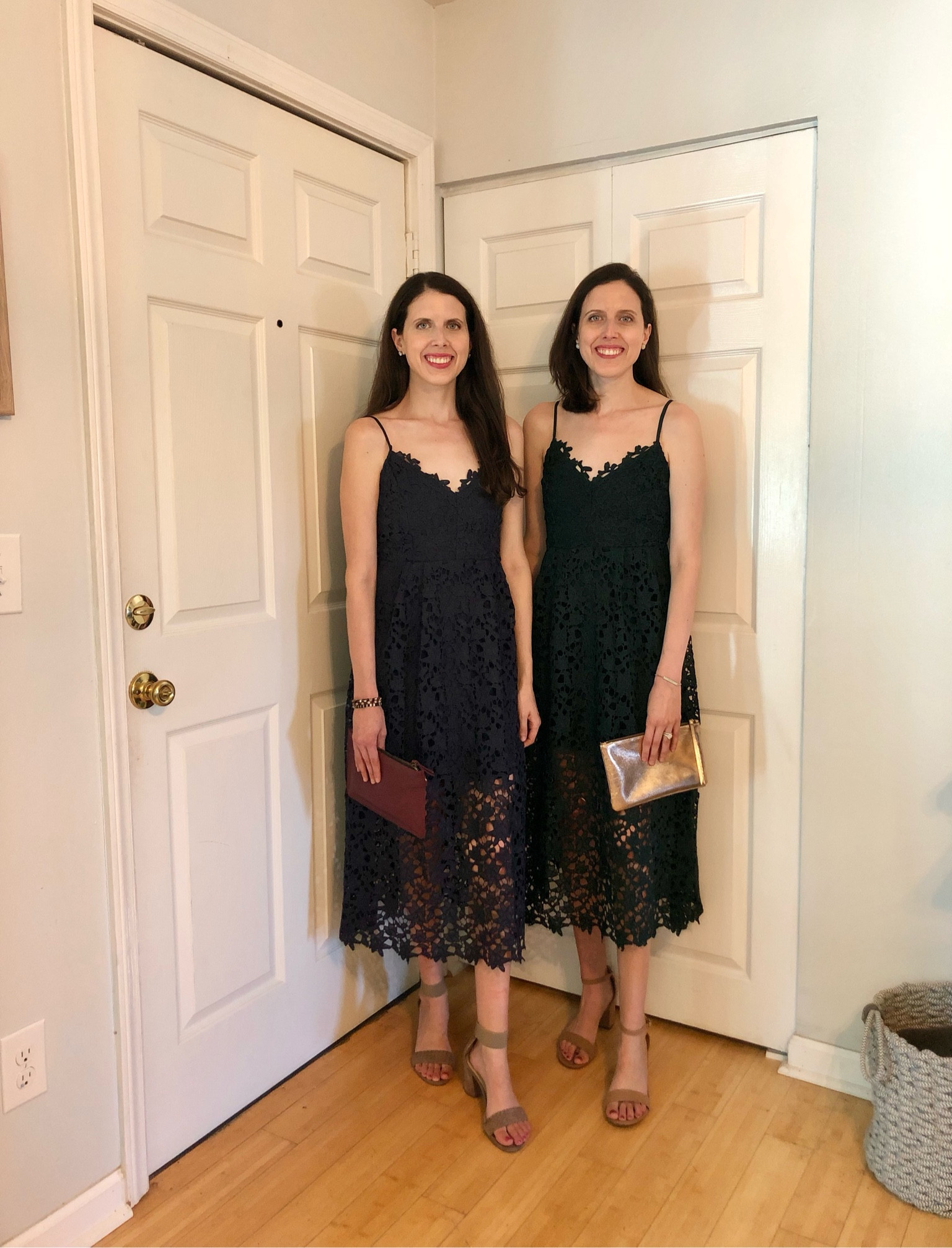 Fall or winter wedding guest dress. We are wearing the navy and dark green. Size up we are both wearing a small. 


Midi dress 
Fall dress 
Date night dress 
Fall wedding 
Wedding guest dress 