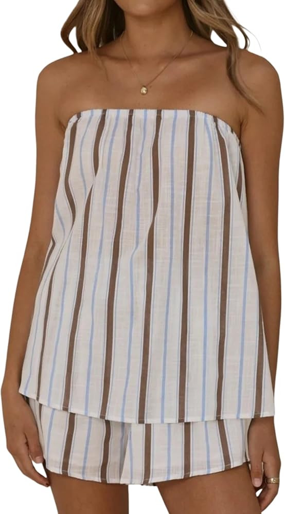 MSBESYOR Women Two Piece Striped Shorts Sets Summer Strapless Tube Top Matching Set Y2K Backless ... | Amazon (US)